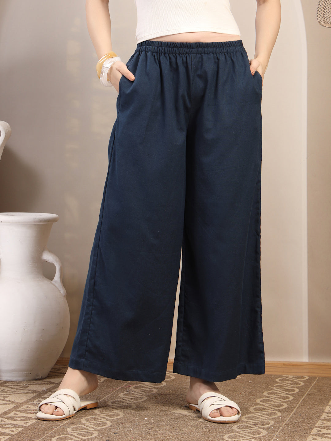 Navy Cotton Palazzo Pants for Women - view 1