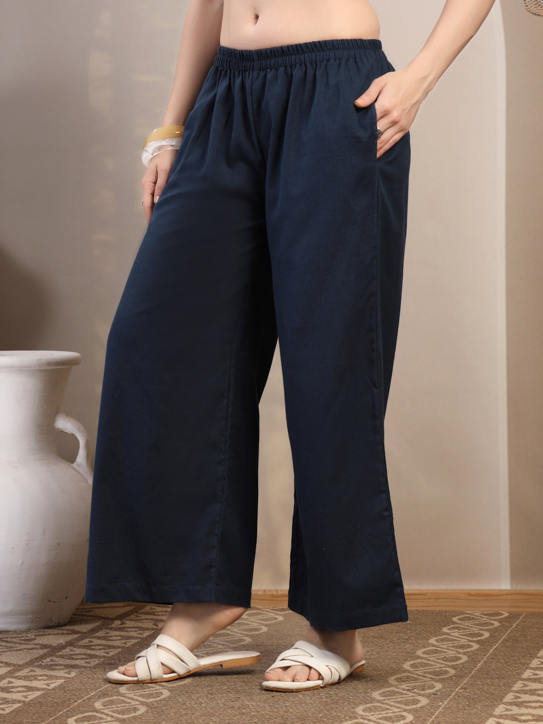 Navy Cotton Palazzo Pants for Women - view 2