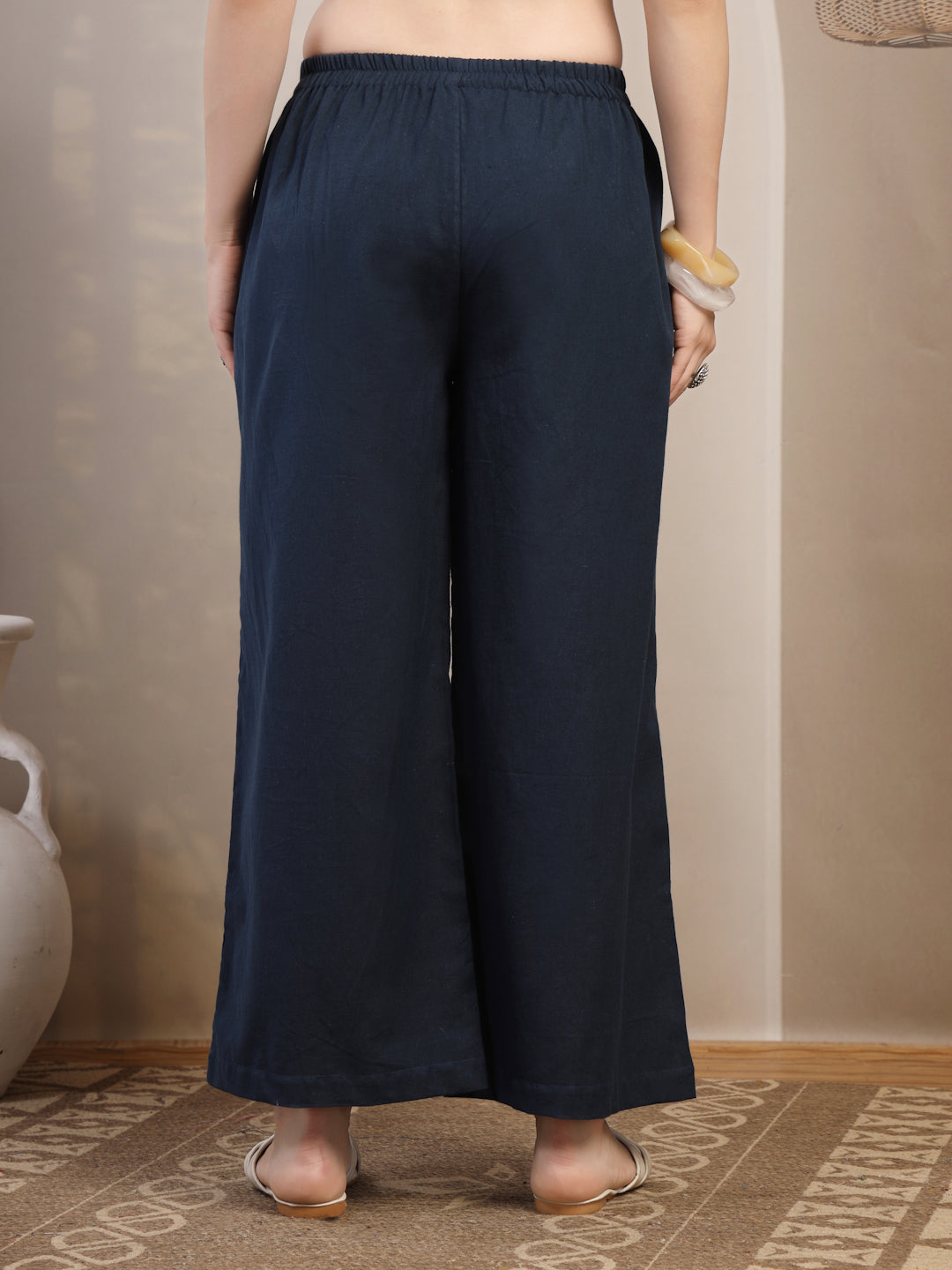 Navy Cotton Palazzo Pants for Women - view 4