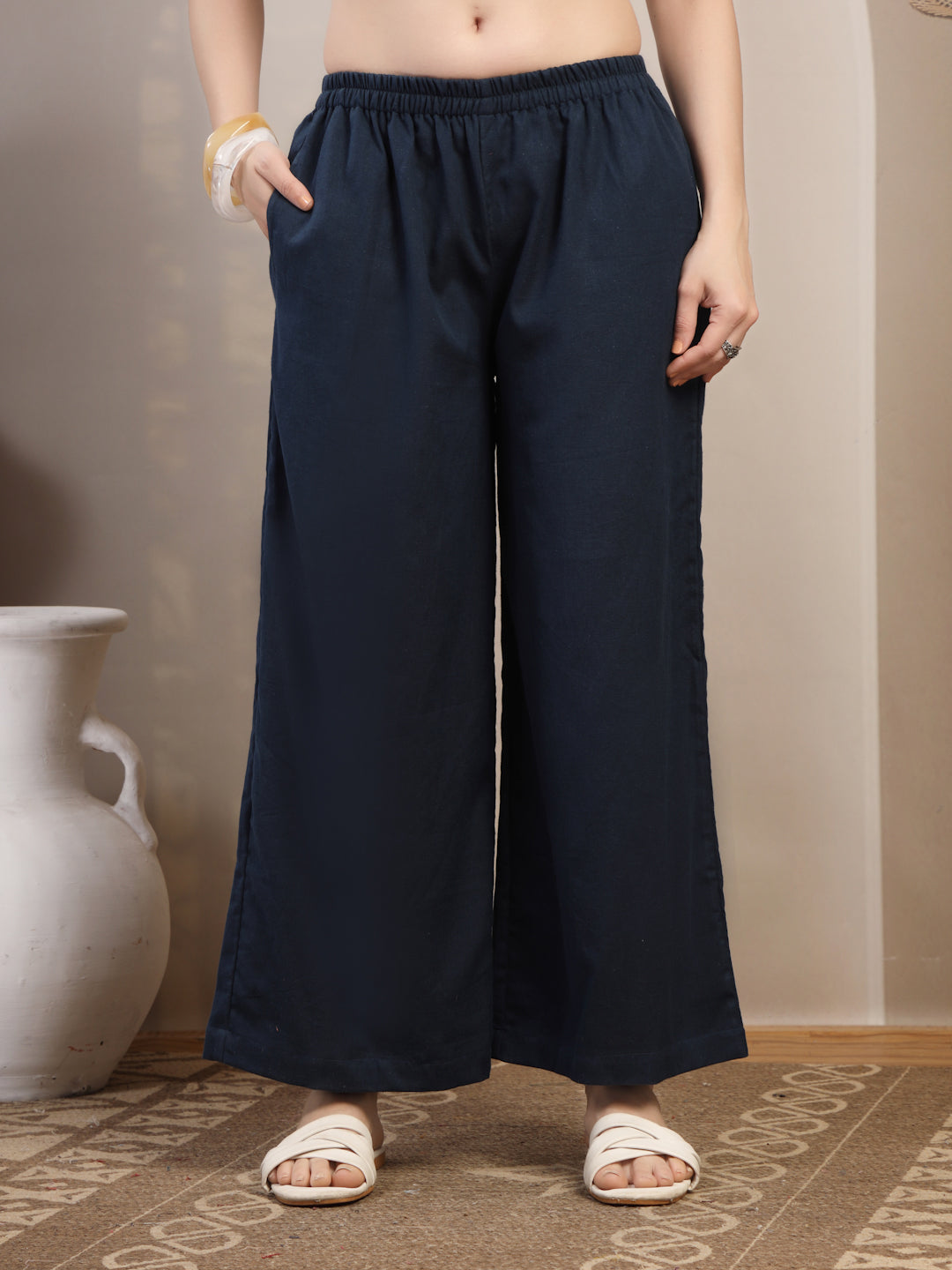 Navy Cotton Palazzo Pants for Women - view 5