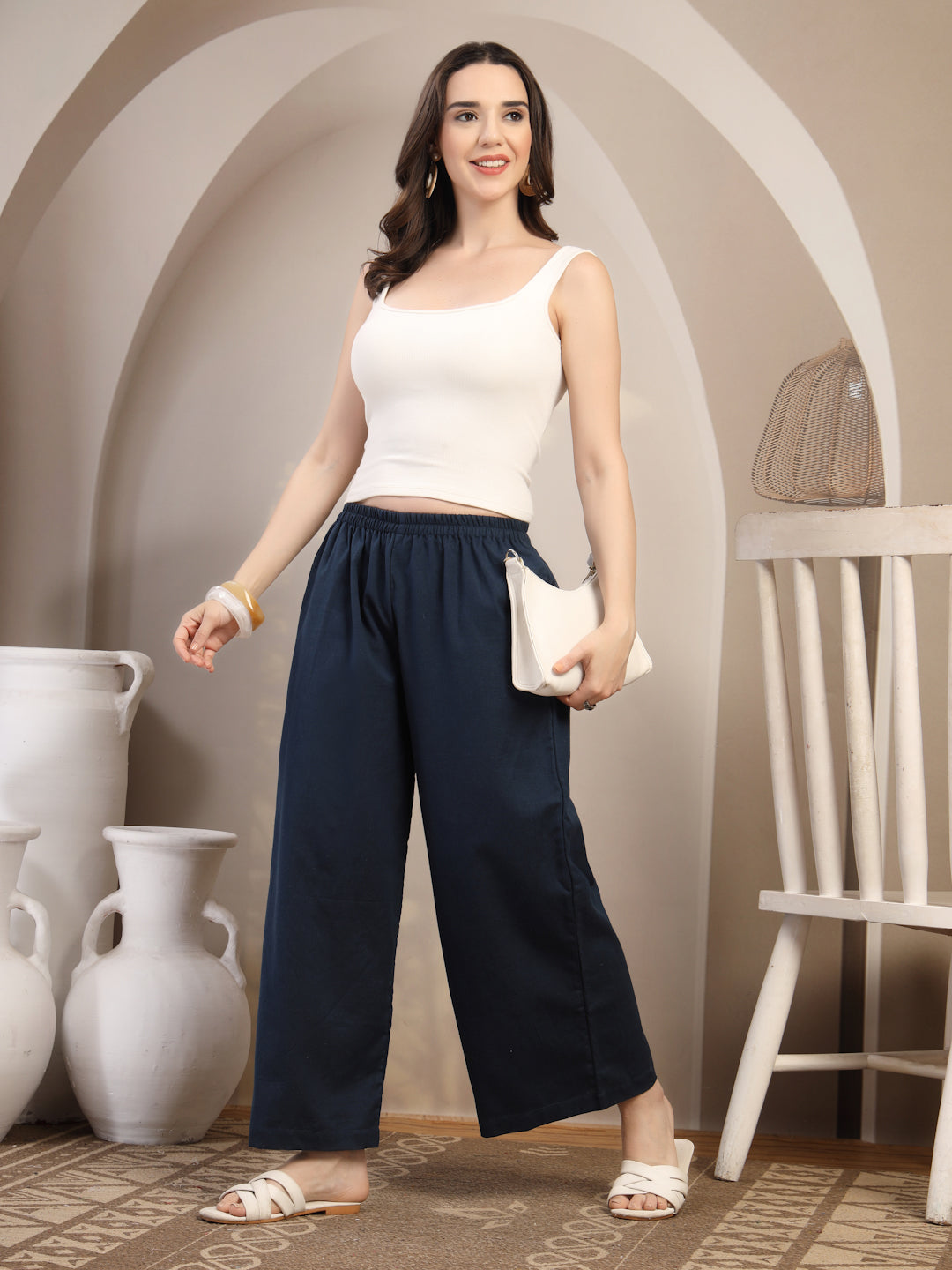 Navy Cotton Palazzo Pants for Women - view 6