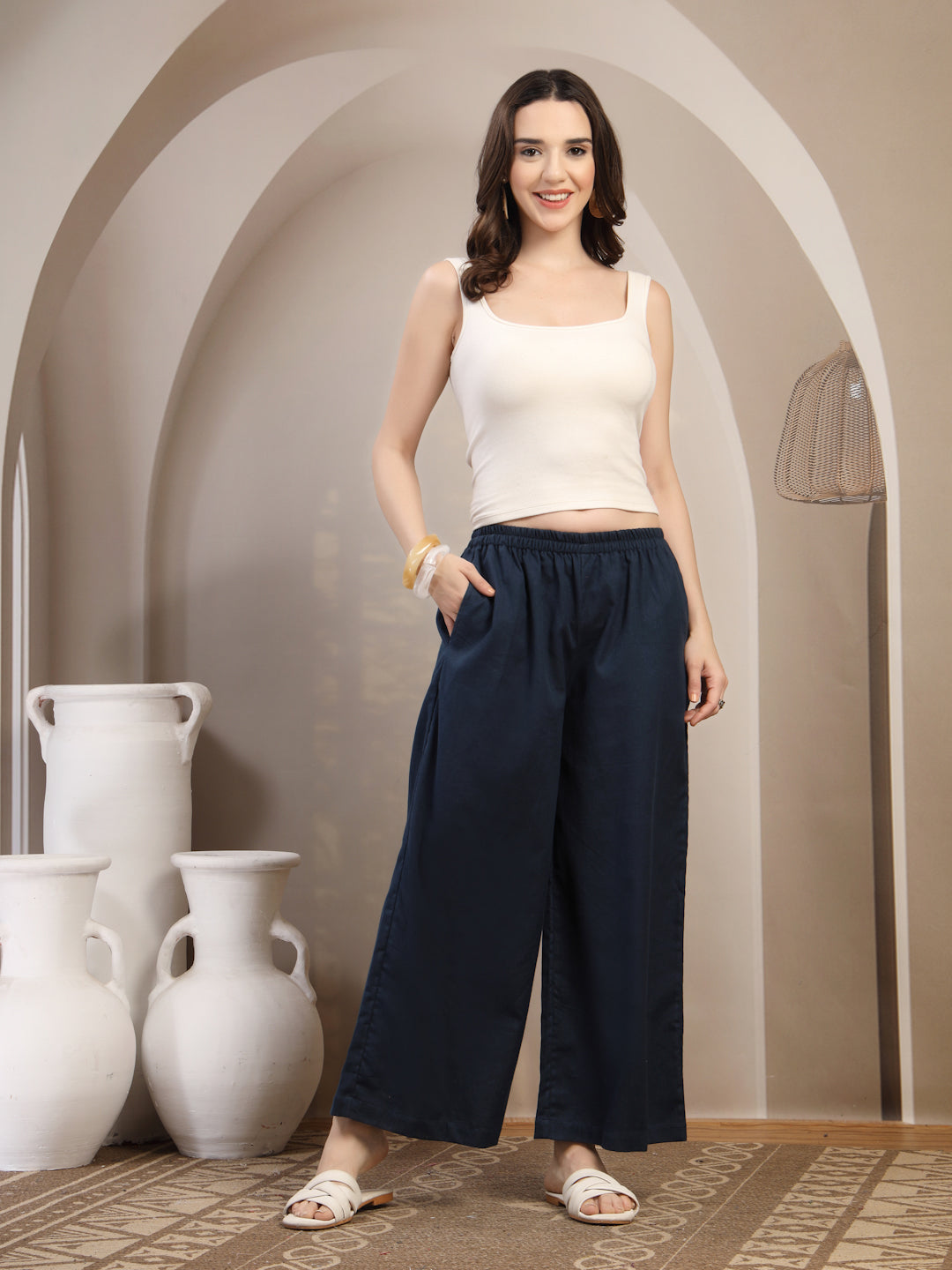 Navy Cotton Palazzo Pants for Women - view 7