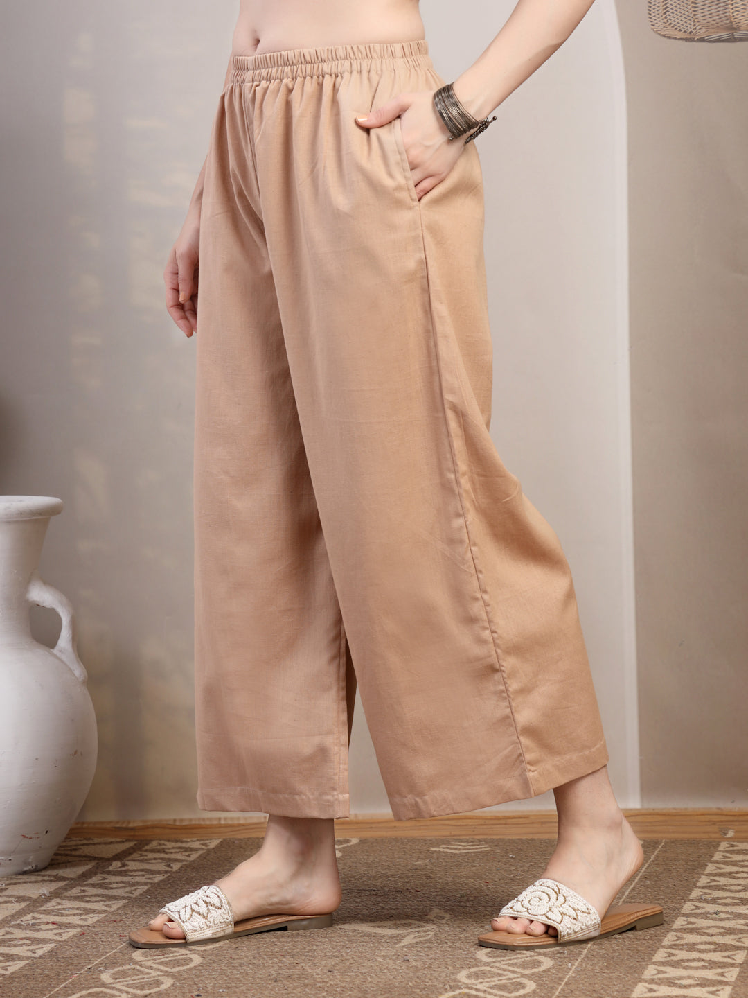 Peach Cotton Palazzo Pants for Women - view 2