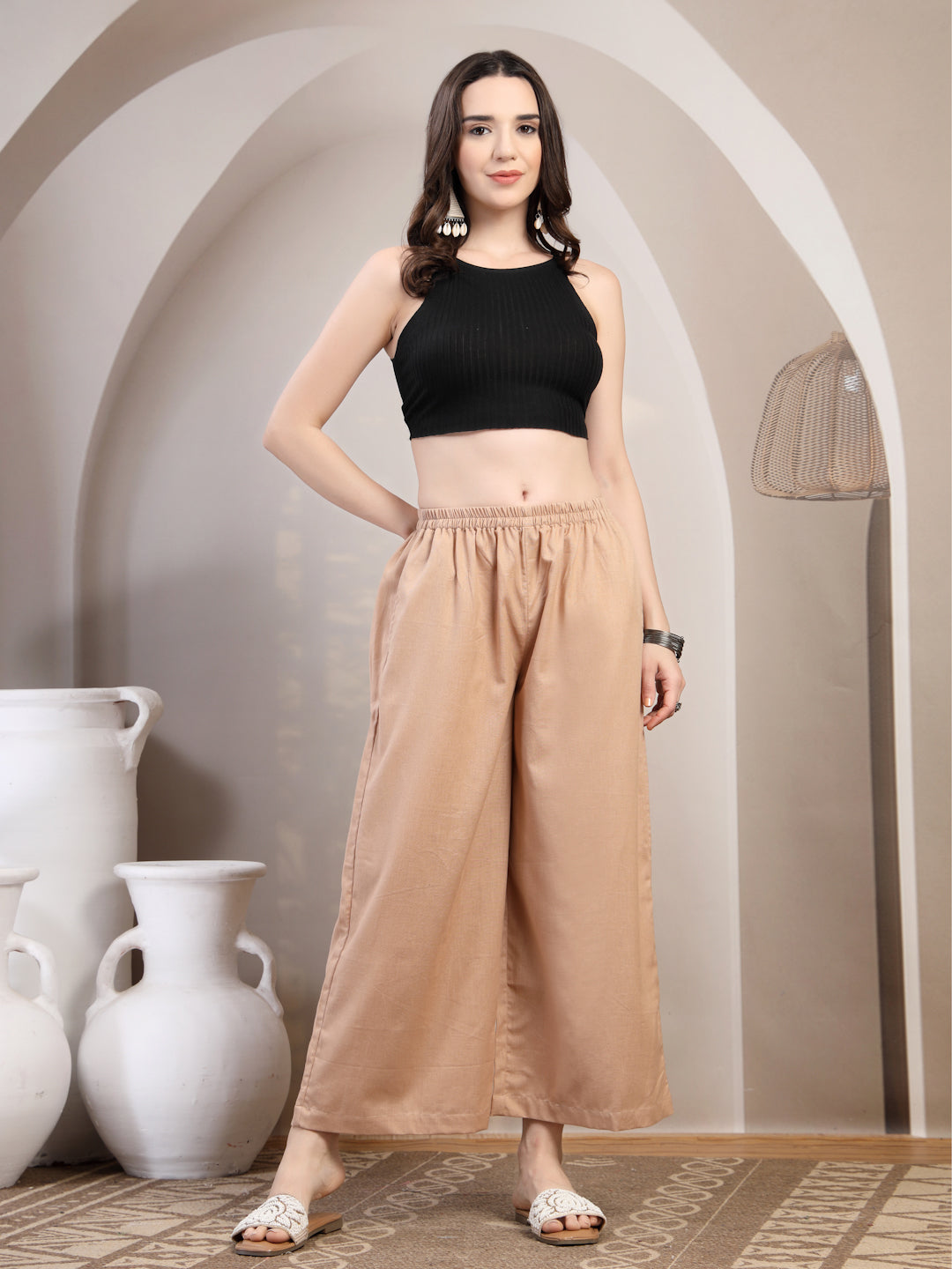Peach Cotton Palazzo Pants for Women - view 6