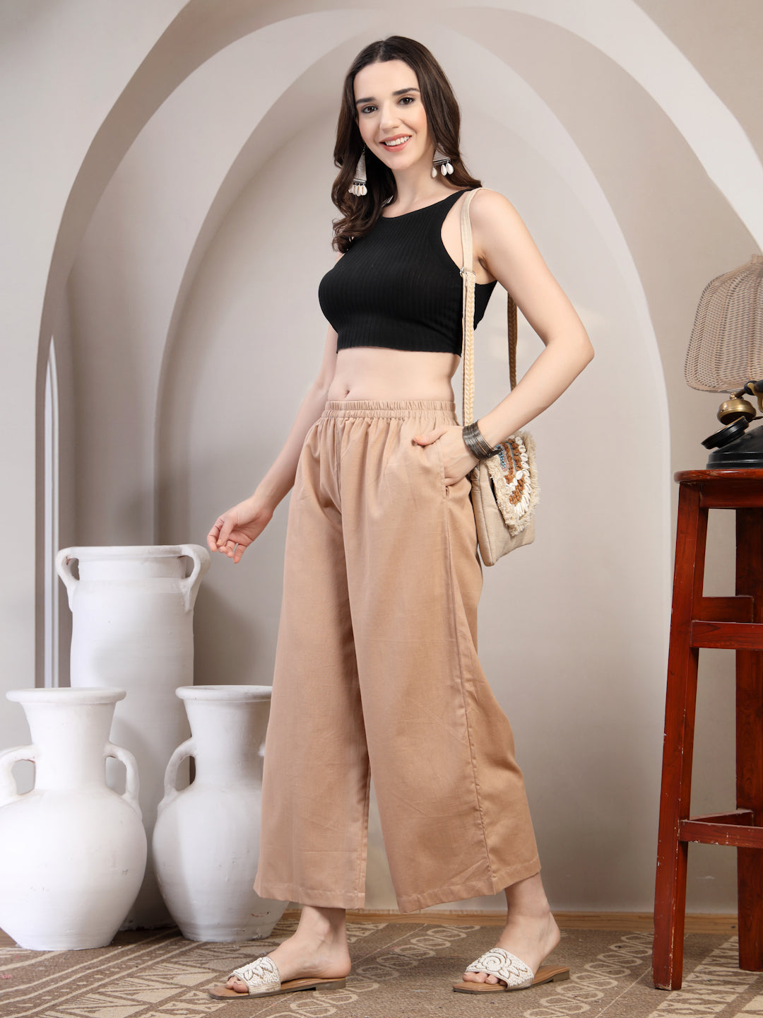 Peach Cotton Palazzo Pants for Women - view 7