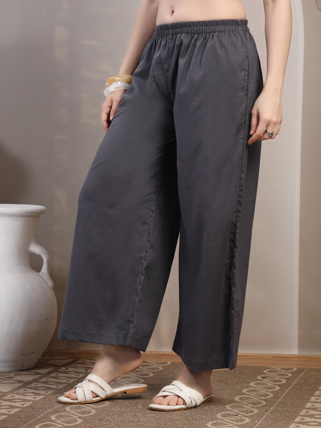 Charcoal Cotton Palazzo Pants for Women - view 2