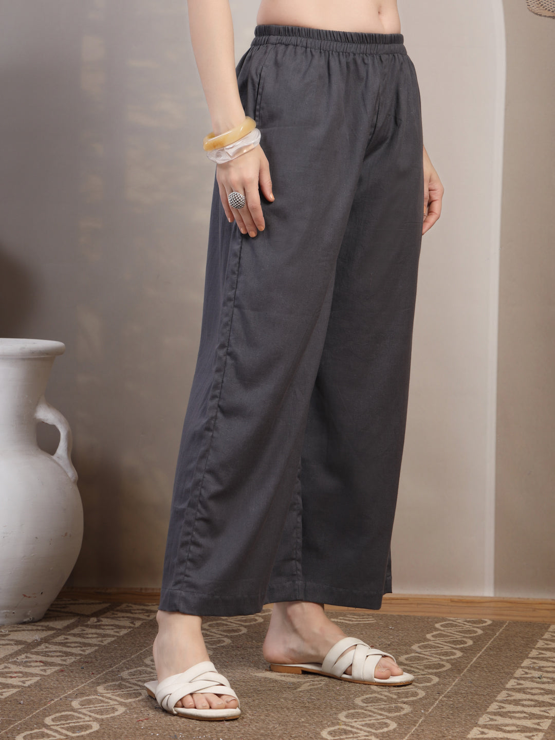 Charcoal Cotton Palazzo Pants for Women - view 5