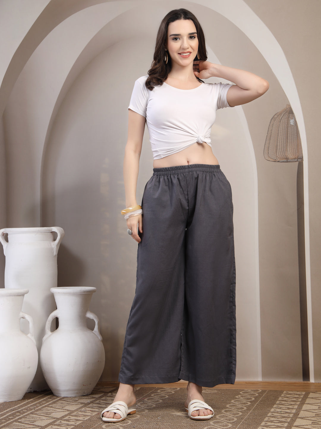 Charcoal Cotton Palazzo Pants for Women - view 6