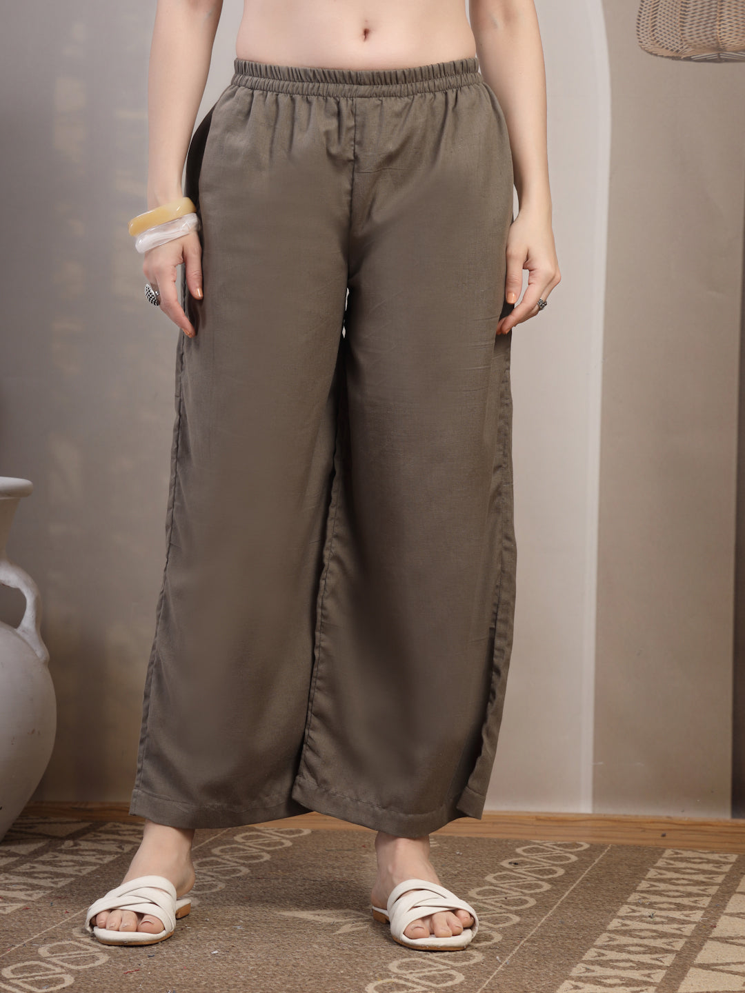 Taupe Cotton Palazzo Pants for Women - view 1