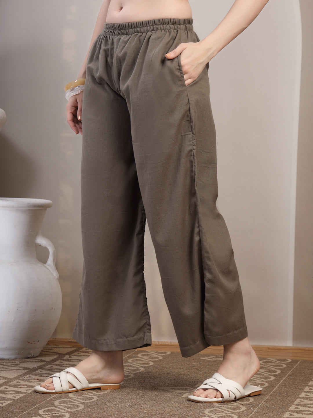 Taupe Cotton Palazzo Pants for Women - view 2