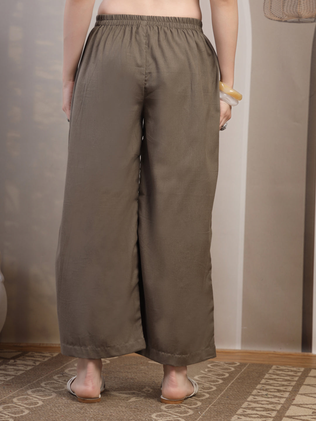 Taupe Cotton Palazzo Pants for Women - view 4