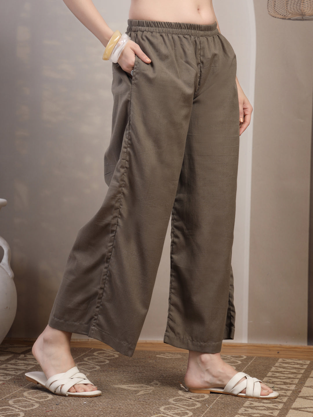 Taupe Cotton Palazzo Pants for Women - view 5