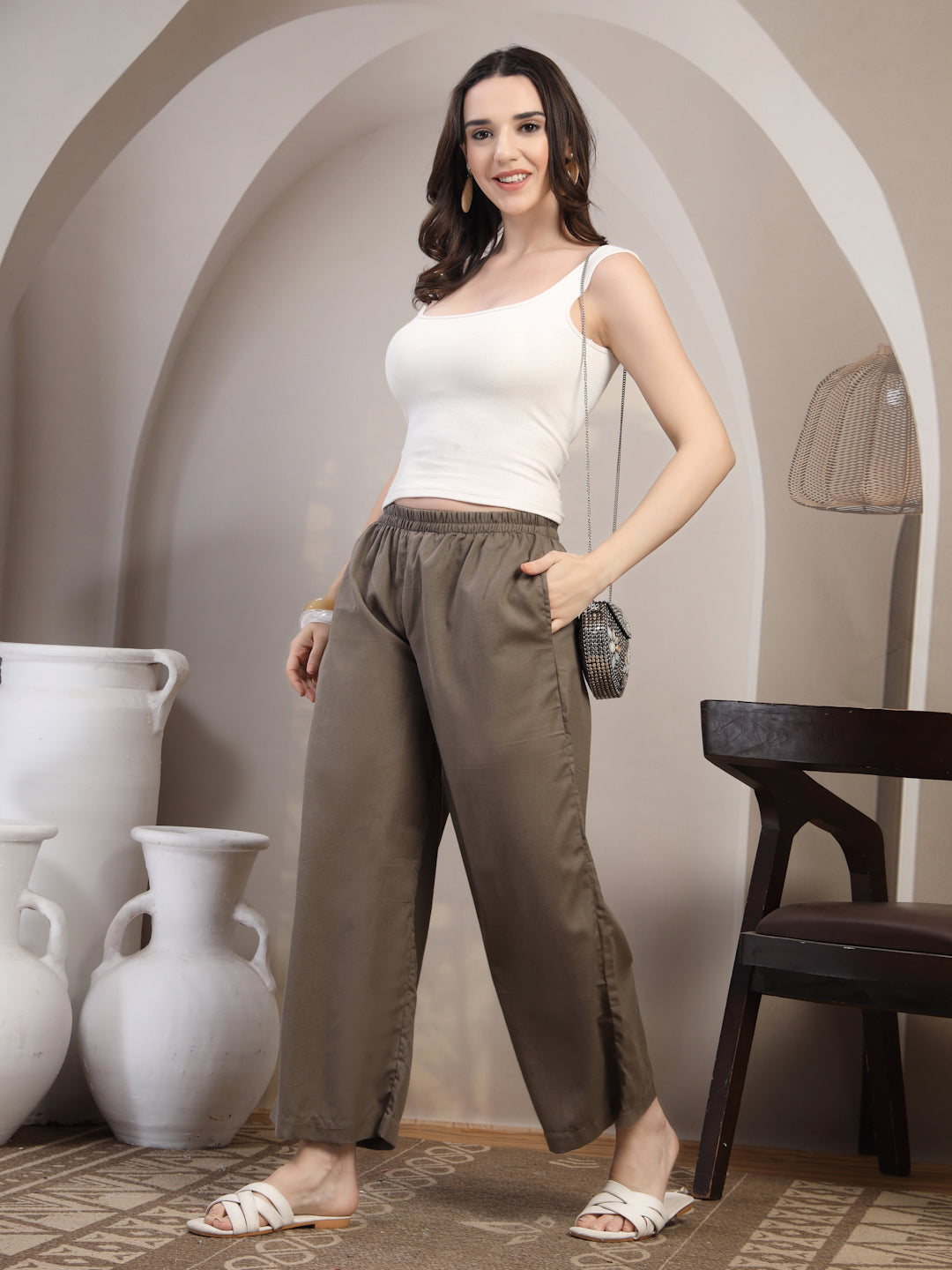Taupe Cotton Palazzo Pants for Women - view 6