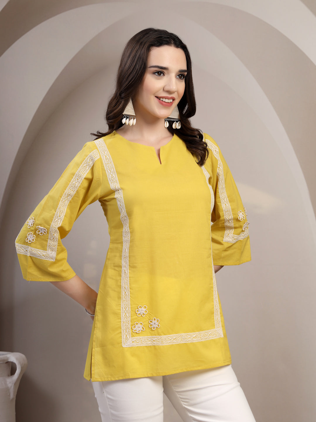 Yellow Cotton Kurta Tunic for Women - view 6