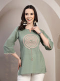 Sage Green Embroidered Short Kurti for Women - view 1