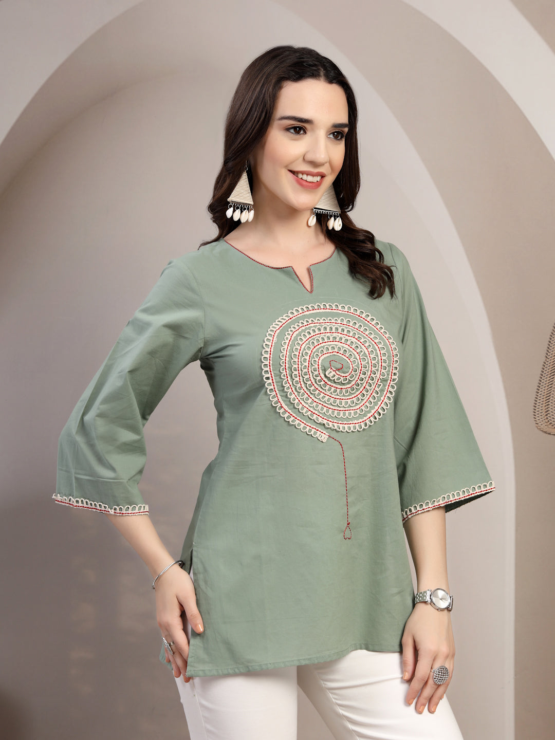 Sage Green Embroidered Short Kurti for Women - view 5