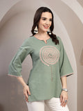 Sage Green Embroidered Short Kurti for Women - view 5