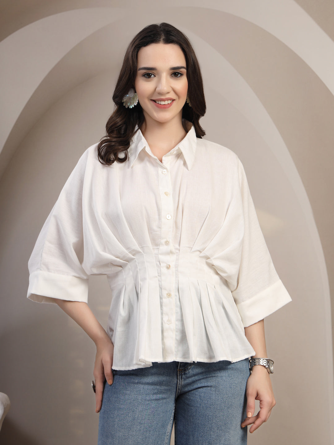 White Dolman Sleeve Shirt for Women - view 1