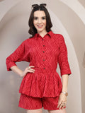 Red Chevron Cotton Co-Ord Set for Women - view 1