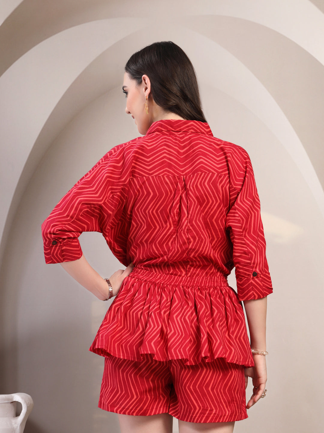 Red Chevron Cotton Co-Ord Set for Women - view 3