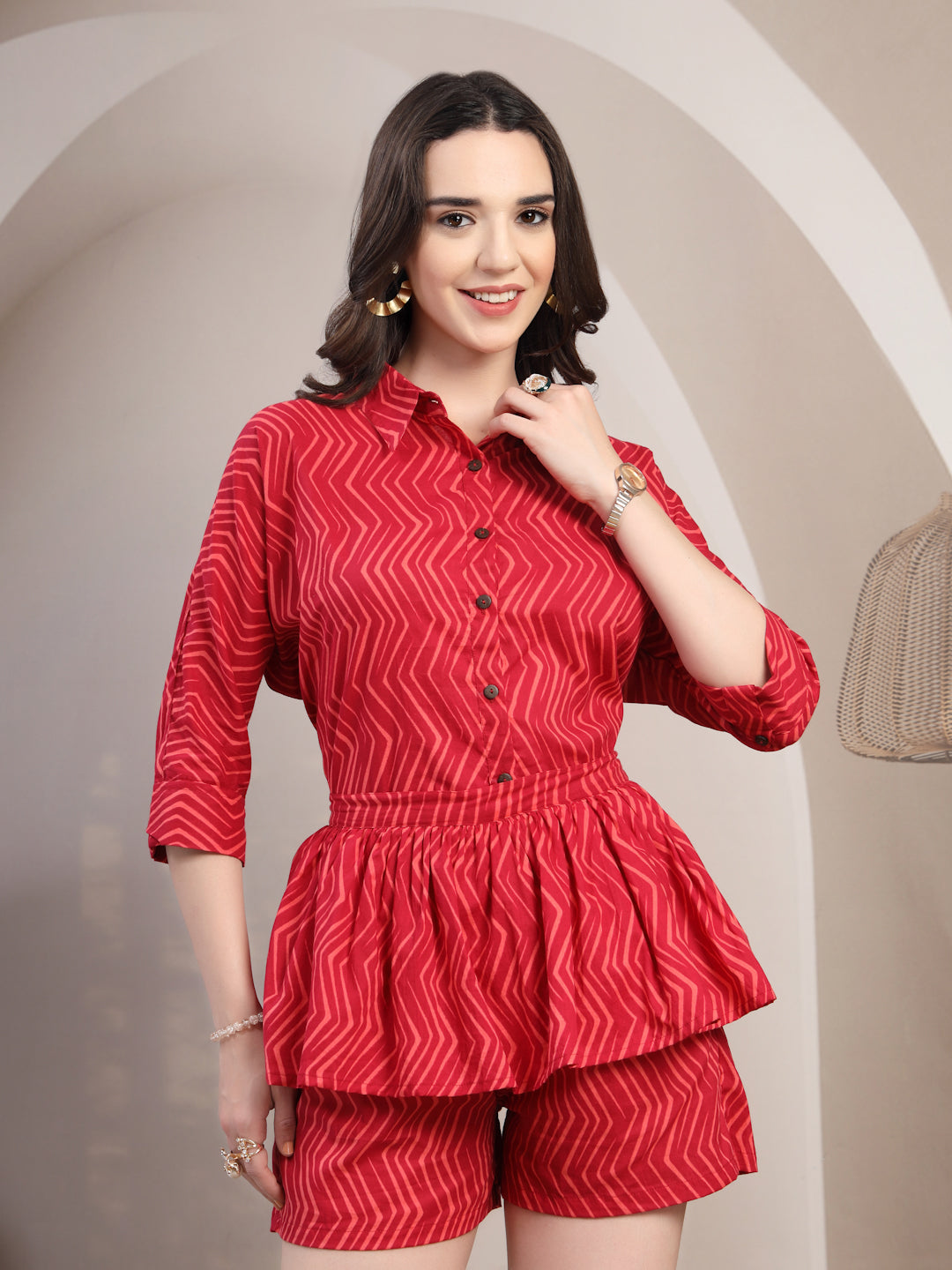 Red Chevron Cotton Co-Ord Set for Women - view 7