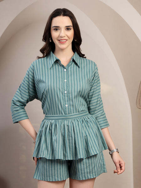 Teal Striped Cotton Co-Ord Set for Women - view 1