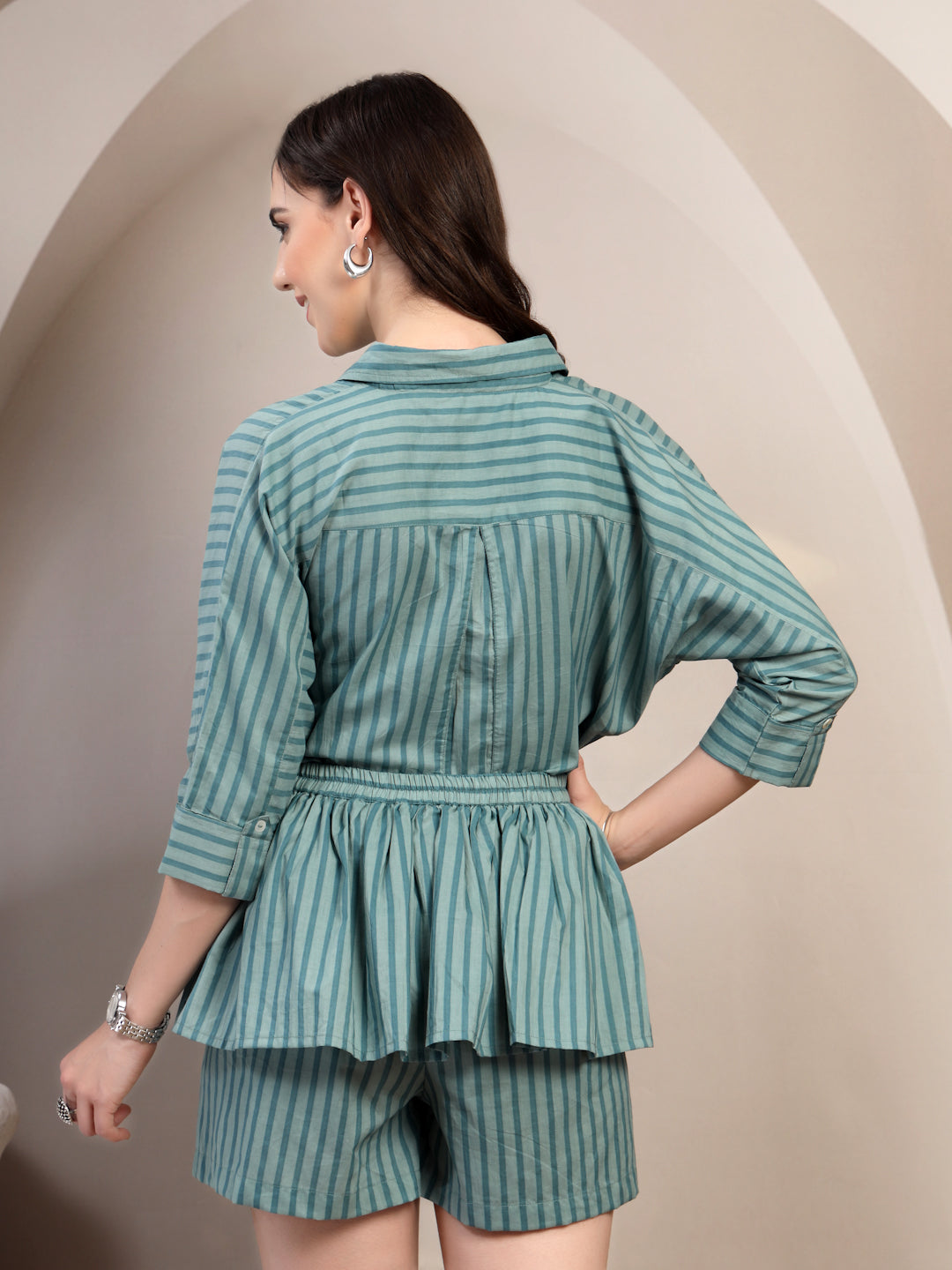Teal Striped Cotton Co-Ord Set for Women - view 4