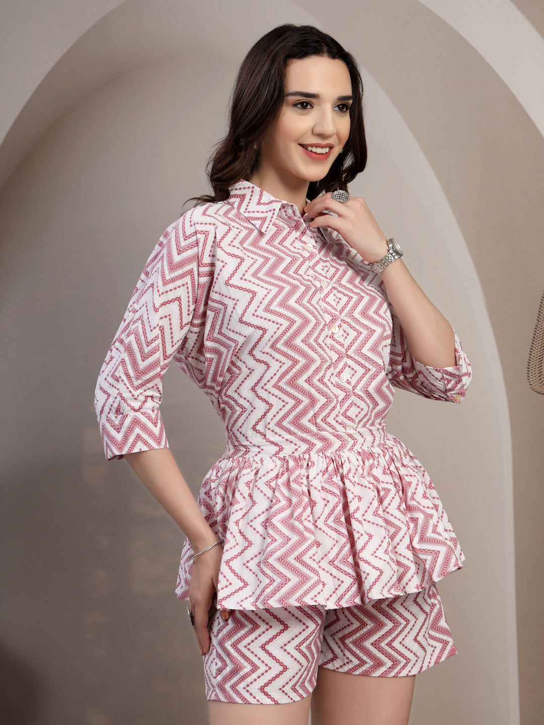 White Pink Chevron Cotton Co-Ord Set for Women - view 5