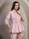 White Pink Chevron Cotton Co-Ord Set for Women - view 5