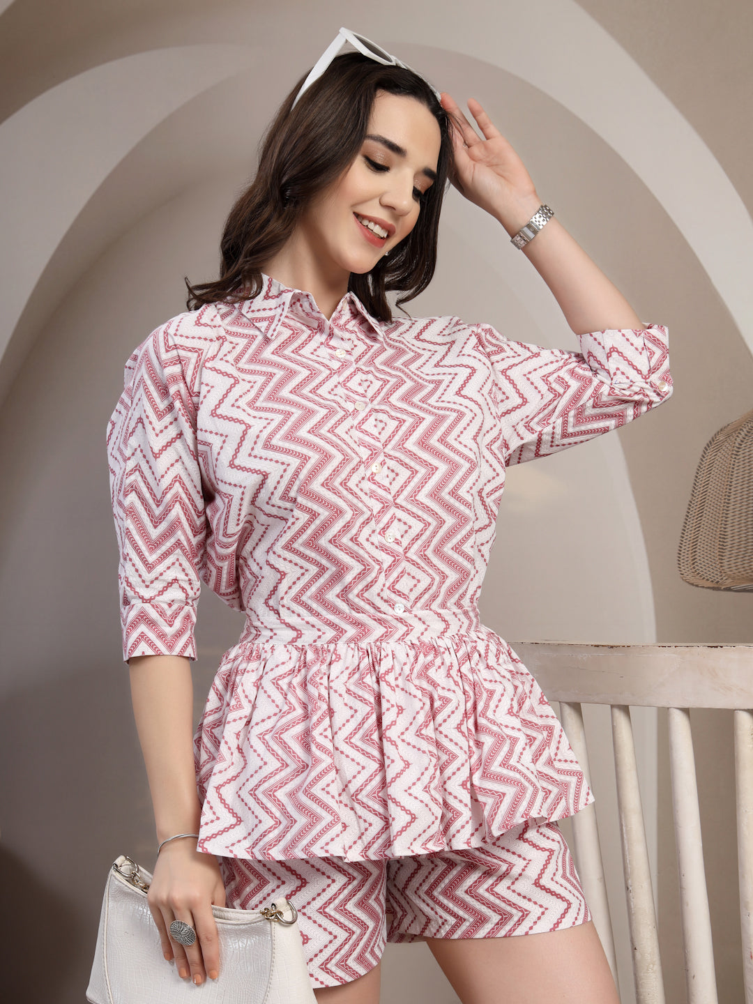 White Pink Chevron Cotton Co-Ord Set for Women - view 7