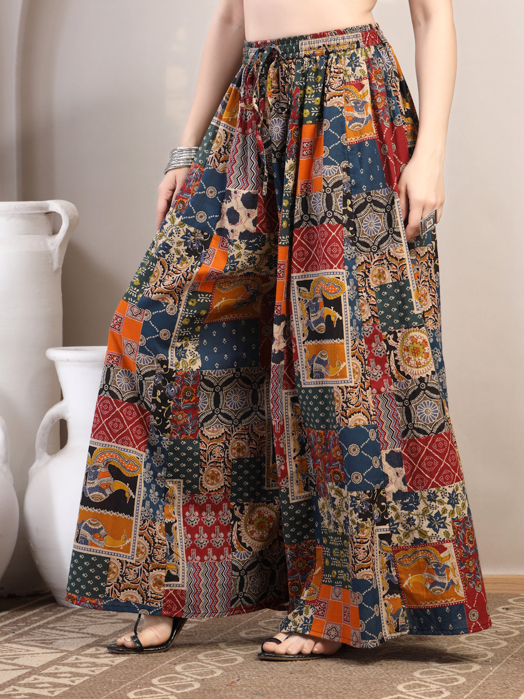 Patchwork Print Cotton Palazzo Pants for Women - view 1