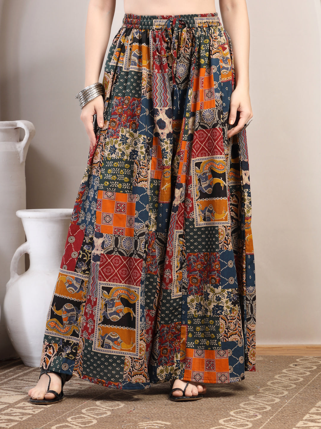 Patchwork Print Cotton Palazzo Pants for Women - view 2