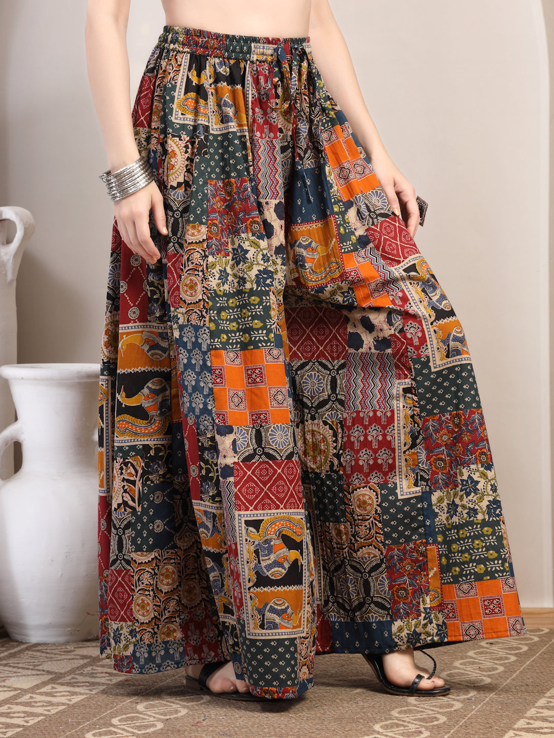 Patchwork Print Cotton Palazzo Pants for Women - view 5