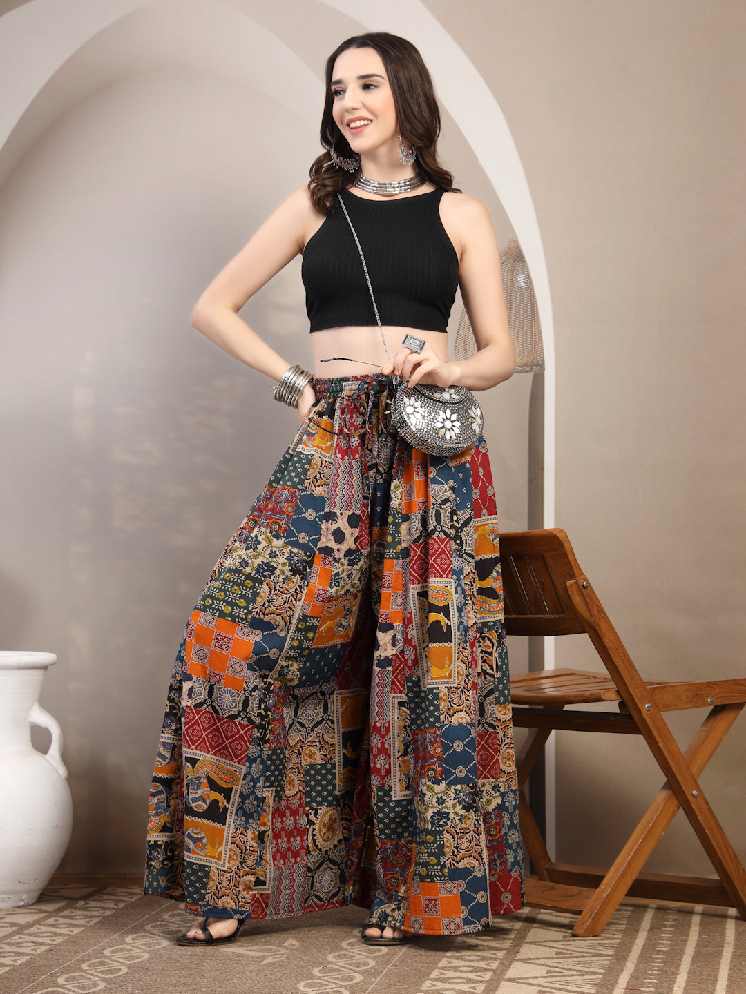 Patchwork Print Cotton Palazzo Pants for Women - view 6
