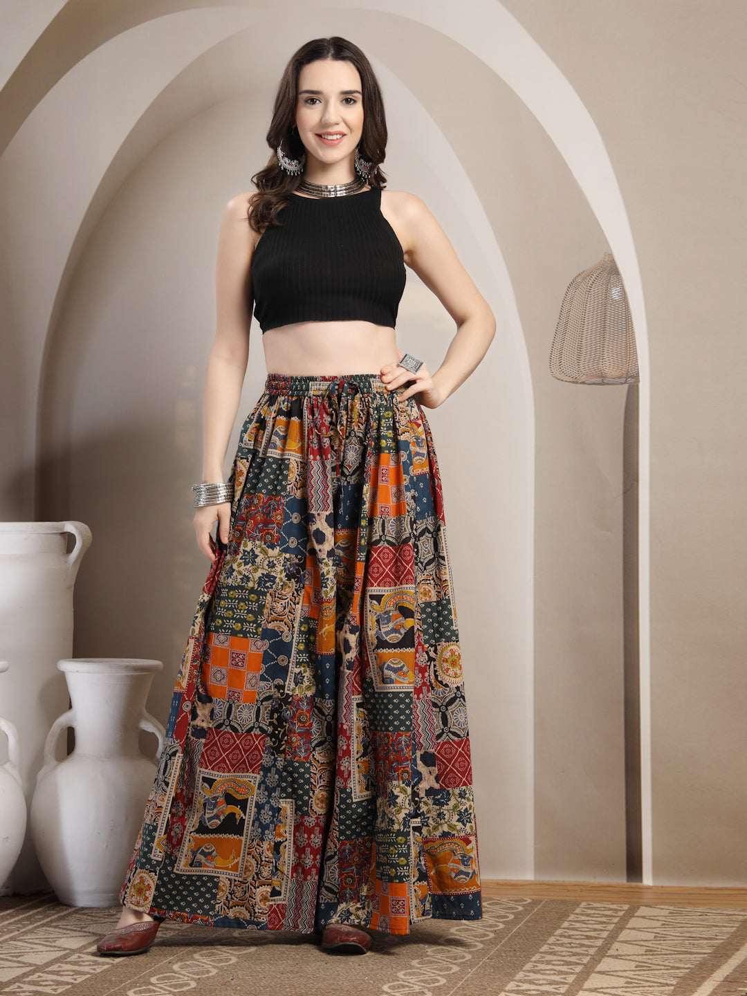 Patchwork Print Cotton Palazzo Pants for Women - view 7