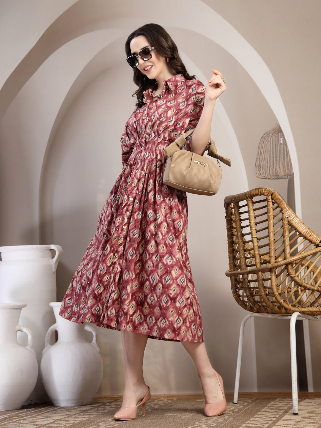 Mauve Printed Dolman Sleeve Dress for Women - view 1