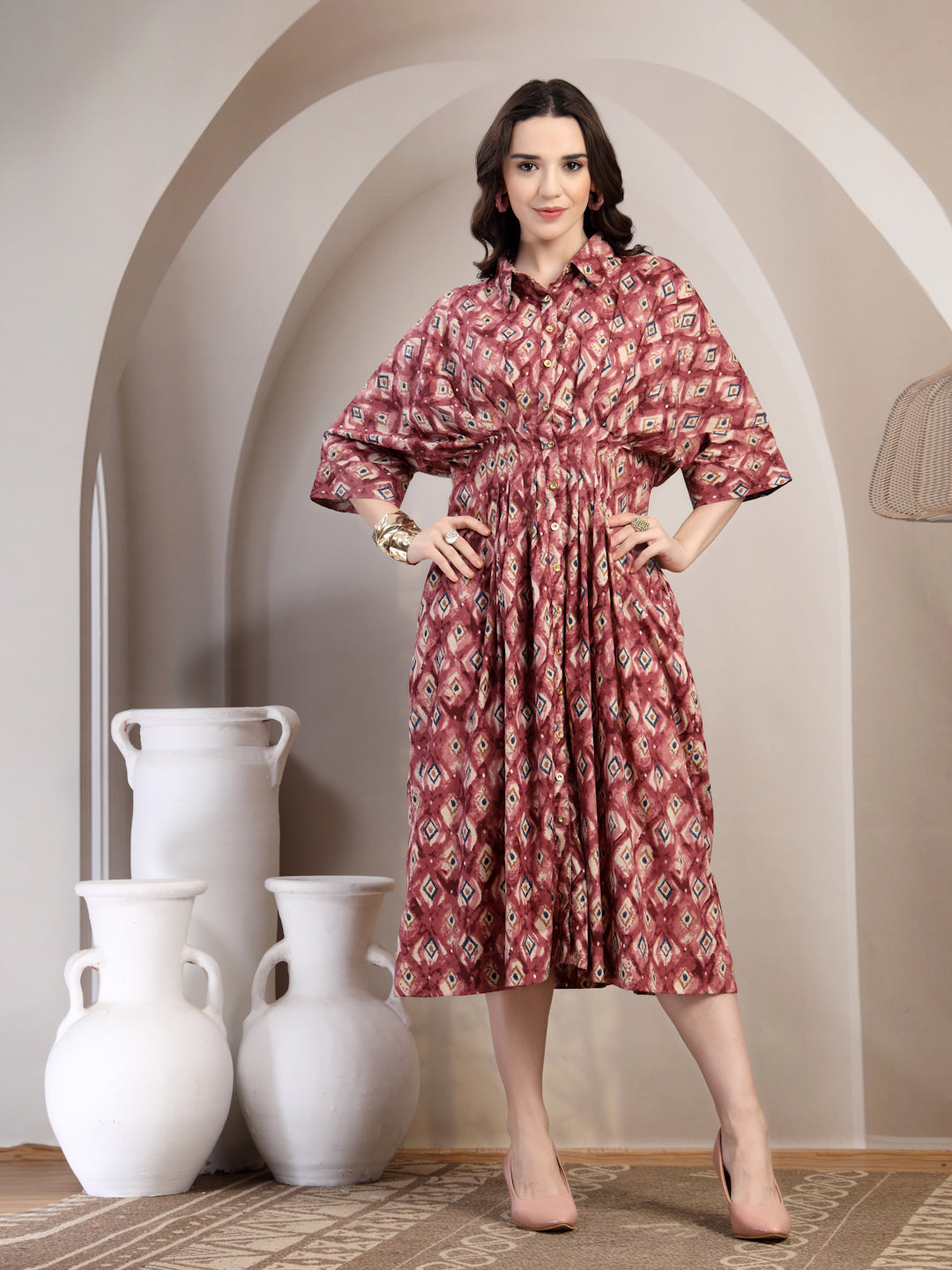 Mauve Printed Dolman Sleeve Dress for Women - view 3
