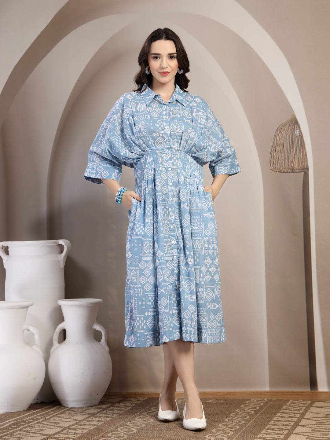 Blue Printed Dolman Sleeve Dress for Women - view 1