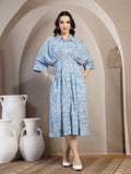 Blue Printed Dolman Sleeve Dress for Women - view 1