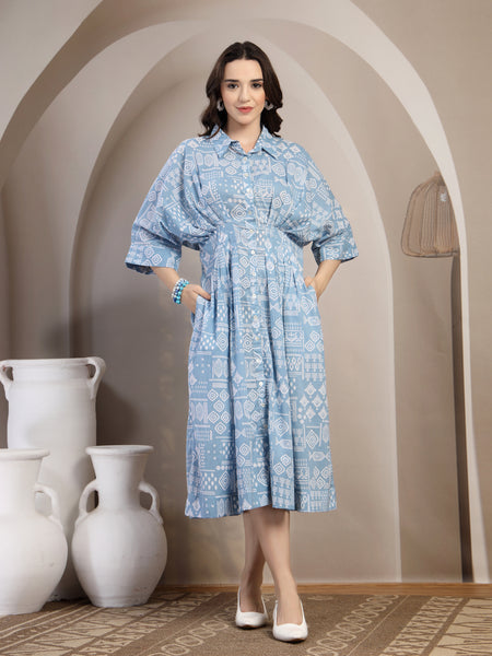 Blue Printed Dolman Sleeve Dress for Women - view 1