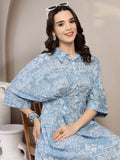 Blue Printed Dolman Sleeve Dress for Women - view 2