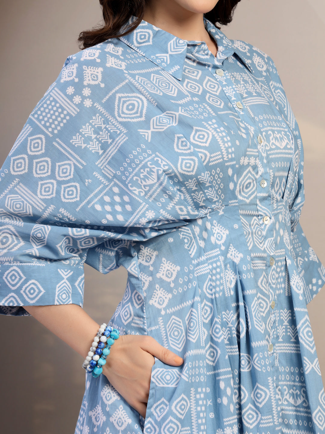 Blue Printed Dolman Sleeve Dress for Women - view 3