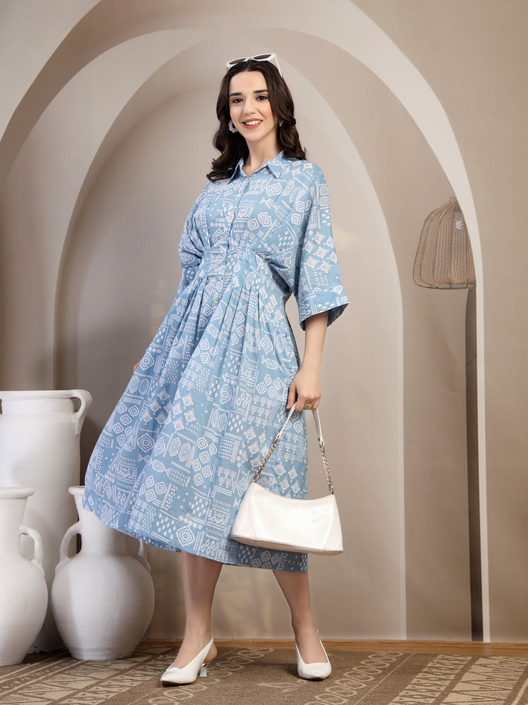 Blue Printed Dolman Sleeve Dress for Women - view 6