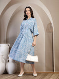 Blue Printed Dolman Sleeve Dress for Women - view 6