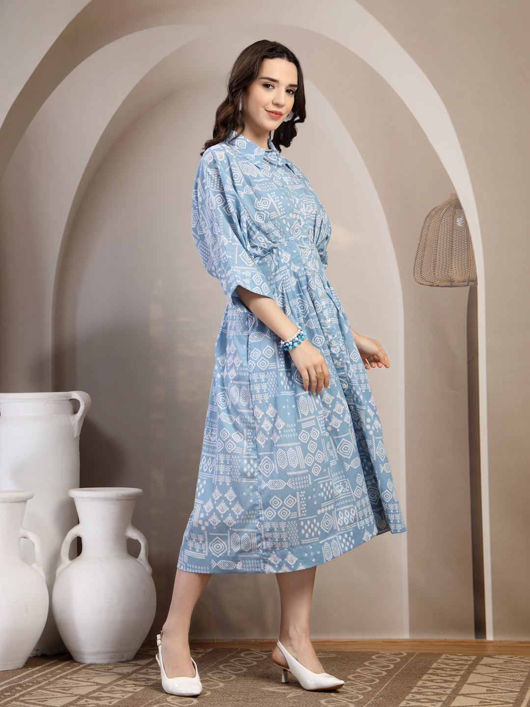 Blue Printed Dolman Sleeve Dress for Women - view 7
