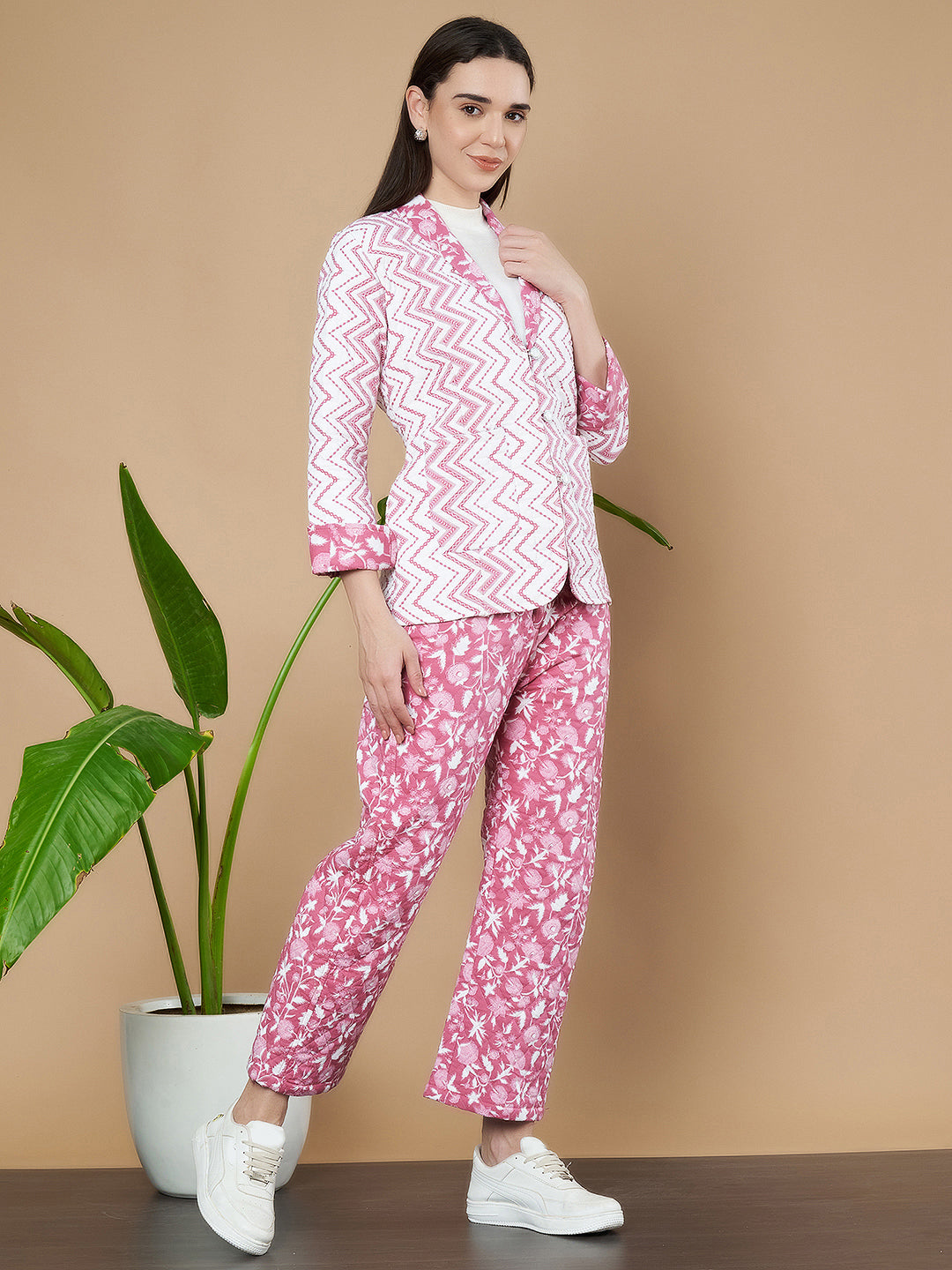 Quilted Pink Chevron Blazer & Trouser Set for Women