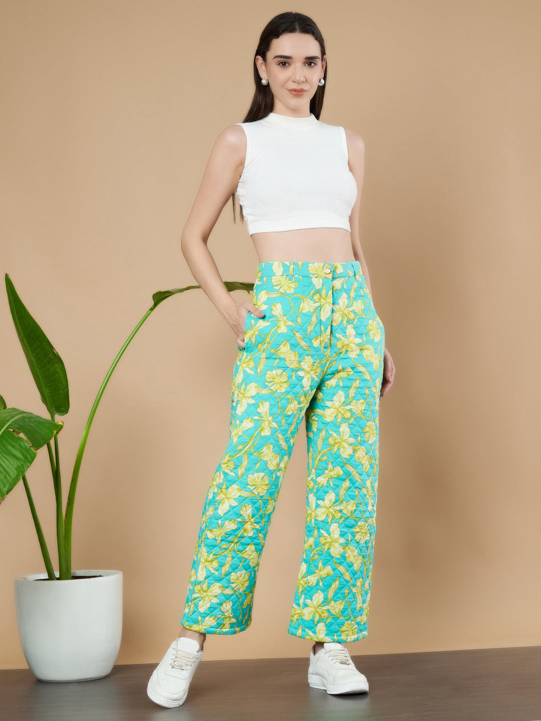 Turquoise Floral Quilted Trouser for Women