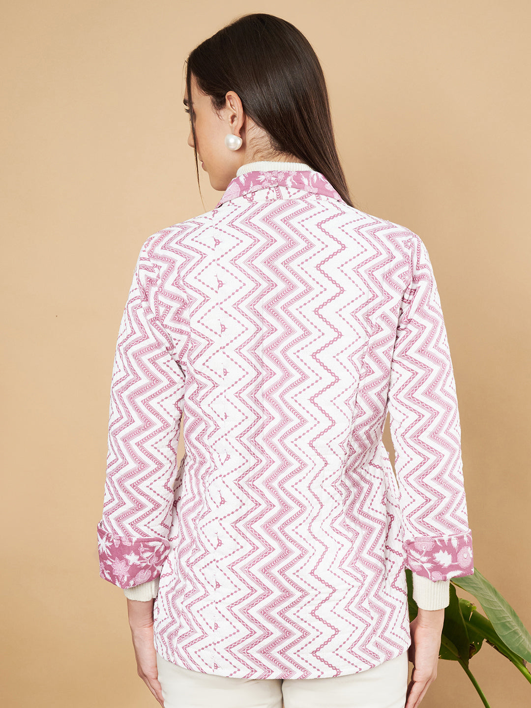 Women's Pink Quilted Jacket with Chevron Design