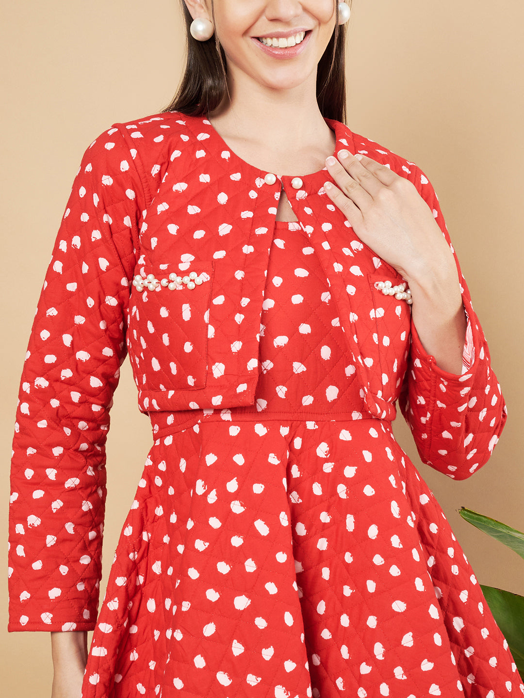 Premium Polka Dot Quilted Cotton Jacket & Dress Set for Women