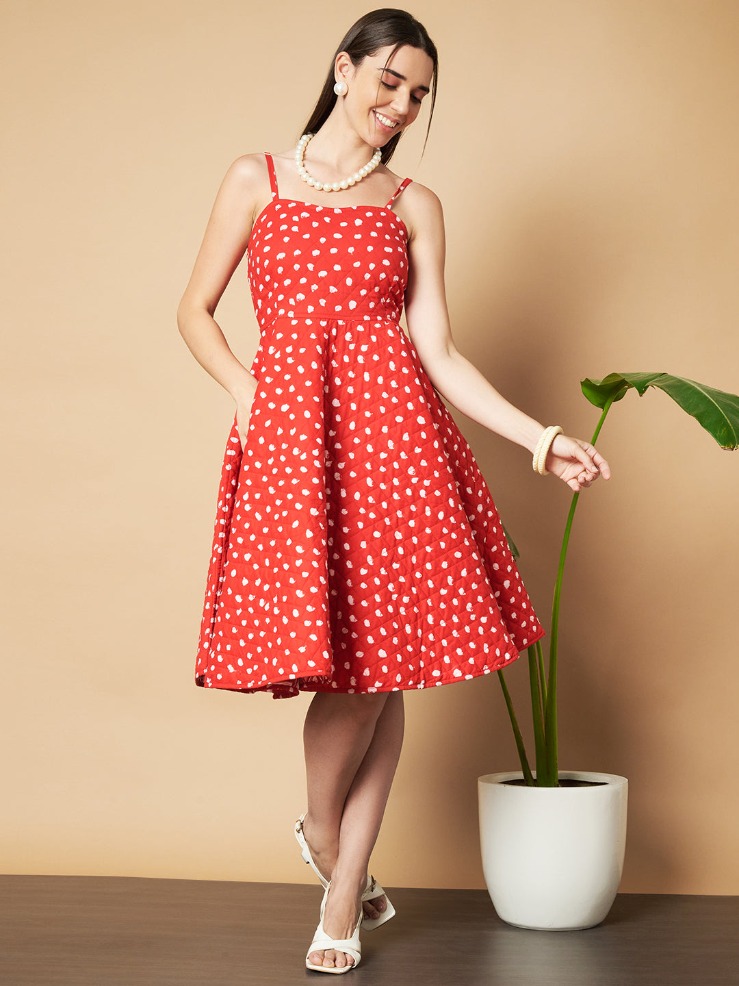 Premium Polka Dot Quilted Fit-and-Flare Dress For Women